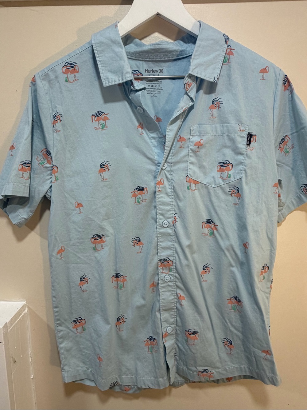 Hurley boys Light Blue Short Sleeve Button-Up Shirt with Orange Flamingo Print